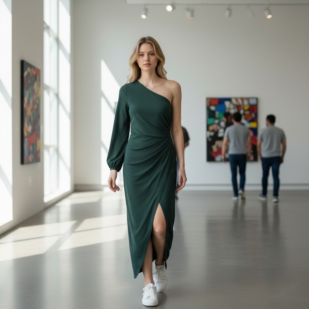 ZESICA Maxi Dress Women's L Green One Shoulder Ruched Side Slit Gown